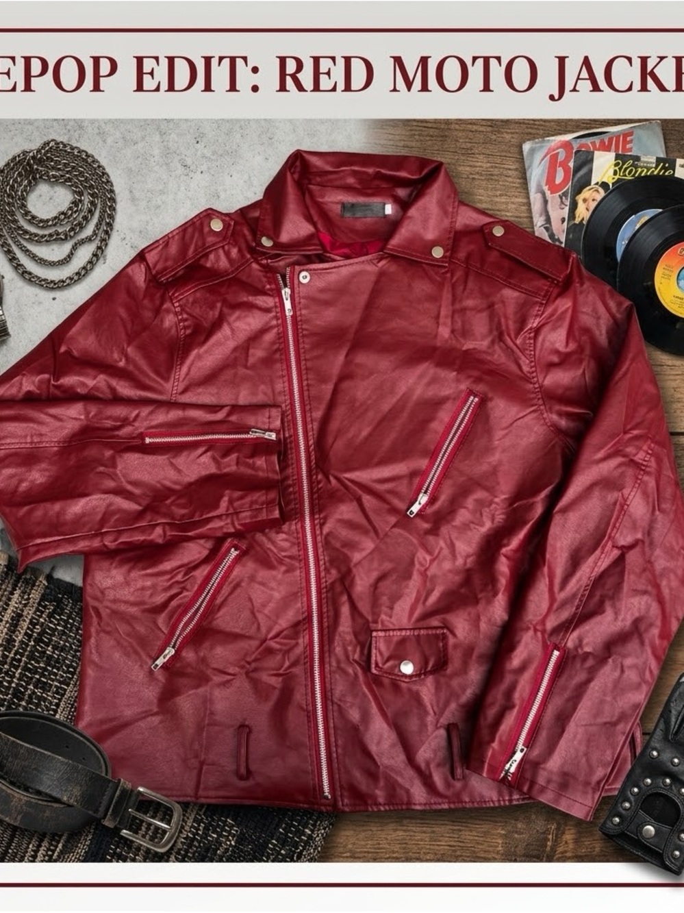 Men's Red Moto-Style Leather Jacket - Classic Biker Look